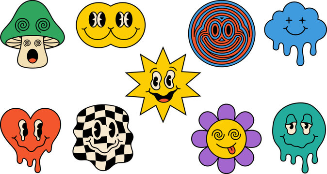 Psychedelic Retro Smiley Face Vector Set with Groovy Sun Mushroom Flower Cloud Heart and Checkerboard Characters for Trippy Y2K Streetwear Graphic Designs