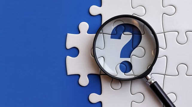 Magnifying glass focusing on a question mark symbol placed on a white jigsaw puzzle piece against a solid blue background, representing investigation