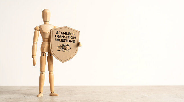 Seamless transition milestone management concept with wooden mannequin holding shield with copy space for business presentation slide deck
