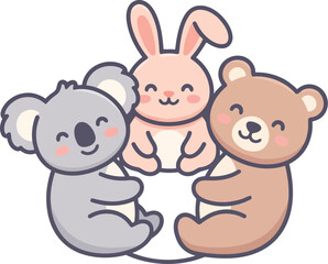 Obraz premium Kawaii animal friends vector, cute koala rabbit and bear characters, pastel nursery cartoon illustration, happy wildlife group