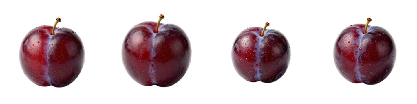 Row of fresh ripe plums with droplets of water isolated on black background