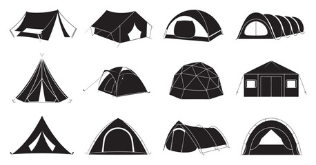 Camping tent icon set, various outdoor shelter silhouettes arranged in grid layout for adventure travel hiking tourism nature camping and recreation © Arif Mia 1