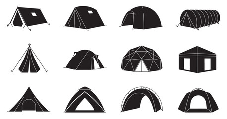 Camping tent icon set, various outdoor shelter silhouettes arranged in grid layout for adventure travel hiking tourism nature camping and recreation © Arif Mia 1