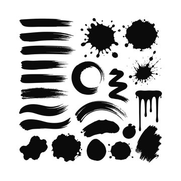 Collection of black ink brush strokes splatters and paint drips on white background.
