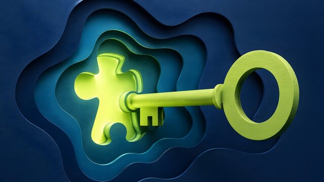 Green key unlocking puzzle piece in layered blue wavy background representing creative solution