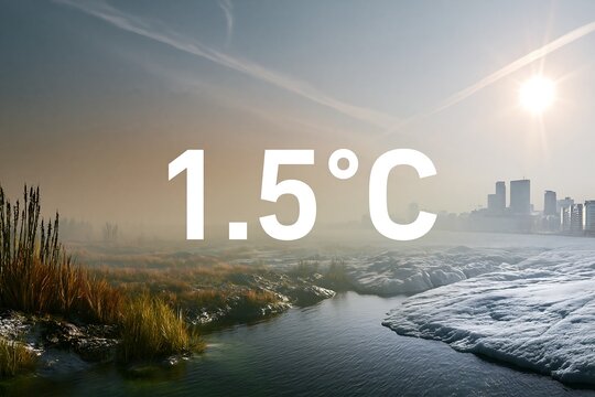 1.5&deg;C warming threshold above vast glacier approaching a coastal city, climate risk concept for adaptation, sea level rise, environmental reports and policy campaigns