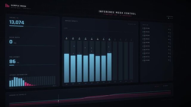 Inference mesh dashboard where replica capacity fills as queue depth and latency keep rising