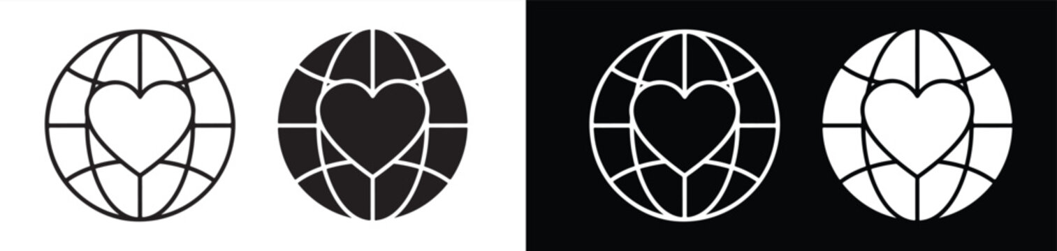 globe icons with heart symbol designs in various color and background styles for digital use