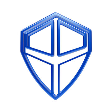 Blue glossy shield with internal geometric lines and cross structure on a black background