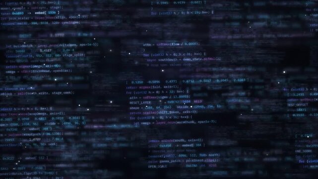 Dark blue software code background with blurred syntax lines drifting in shallow focus