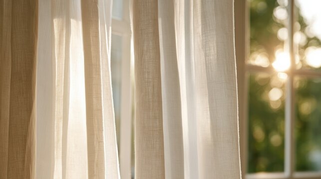 AI smart home elderly care Sheer white curtains gently blowing by a sunlit window with blurred greenery outside.