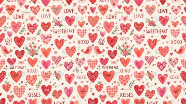 Romantic Valentine Day Seamless Pattern with Colorful Hearts Flowers Love Symbols and Cute Decorative Elements