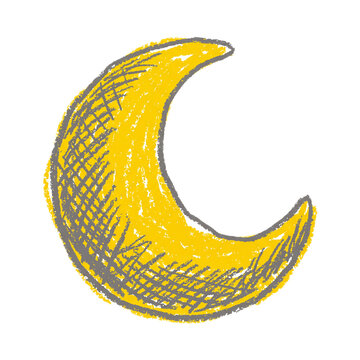 Hand Drawn Yellow Crescent Moon Illustration Featuring A Textured Crayon Style Sketch Isolated On A Pure White Background For Design