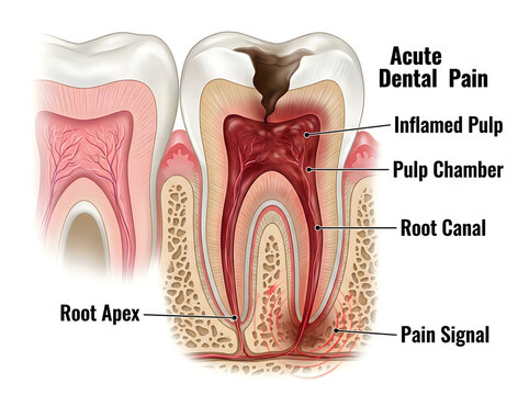 Acute Dental Pain and Pulpitis Tooth Cross Section Medical Illustration Showing Inflamed Pulp Chamber and Pain Signal Diagram Isolated