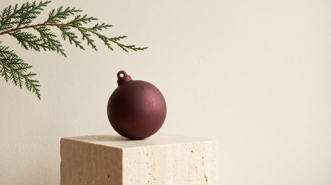 Burgundy Christmas ornament with evergreen branch on a travertine pedestal, creating an elegant minimalist holiday still life