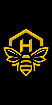 Logo of a bee with a hexagon and the letter H inside on a black background