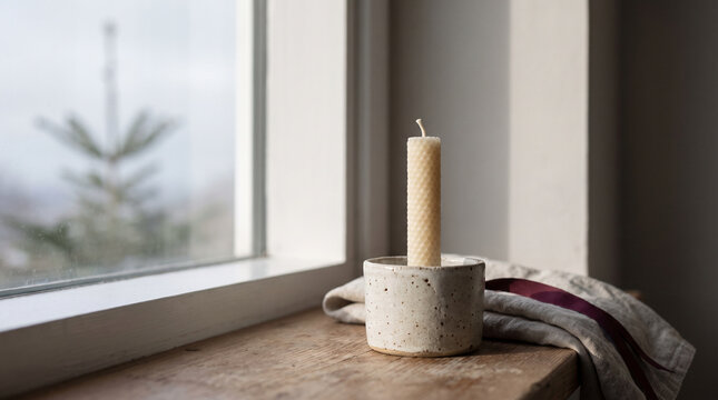 Textured candle in a ceramic holder beside a window with evergreen branch and linen, creating a warm Christmas atmosphere