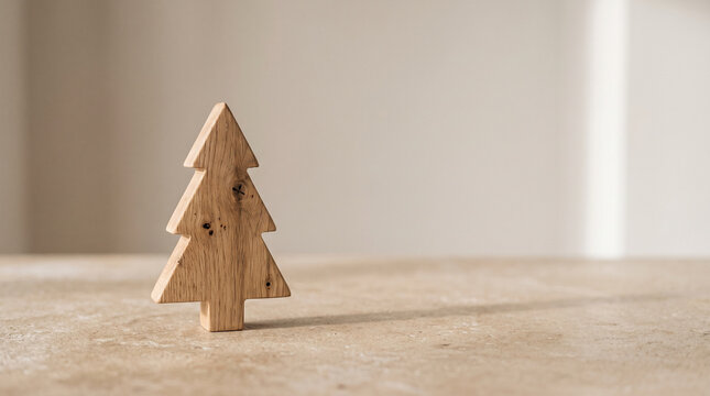 Minimal wooden Christmas tree decoration on a textured tabletop, creating a warm natural holiday composition with copy space