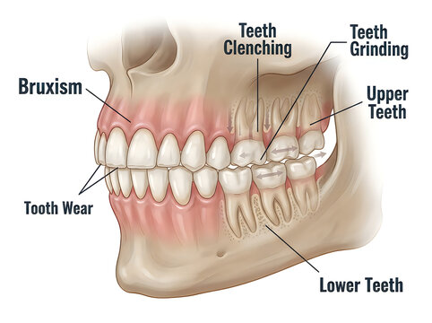 Bruxism Medical Illustration Showing Teeth Grinding Clenching Tooth Wear and Jaw Pressure Diagram Isolated
