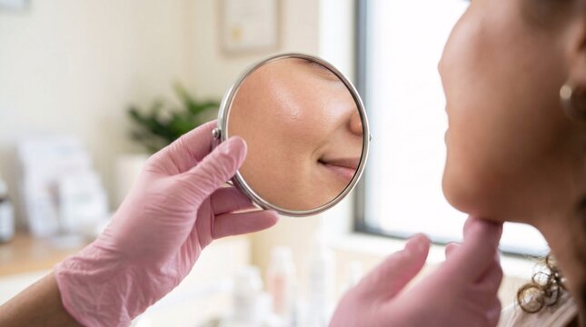Over-the-shoulder view of a dermatologist wearing pink gloves holding a round hand mirror so a female patient can inspect her clear, smooth cheek.