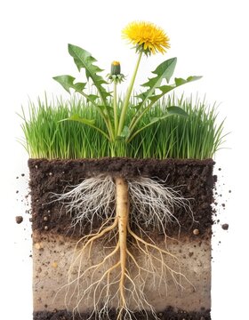 Cross section display of a blossoming yellow dandelion plant revealing deep subterranean roots extending beneath green grass and soil.