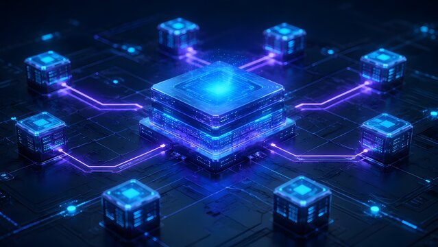 Central square processor connecting to network nodes with glowing blue data lines representing technology infrastructure