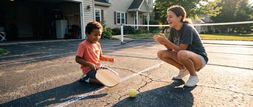 Laughing boy sits beside pickleball paddle and ball as older sister applauds him. Concept of beginner lessons, positive coaching and family recreation.