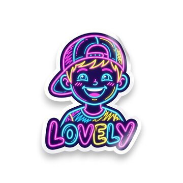 Boy wearing a backward baseball cap appears as a vibrant neon illustration with the word lovely underneath.