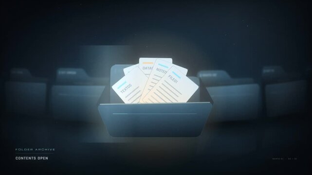 Digital file folders opening in sequence to reveal glowing documents inside a dark archive