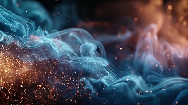 Cinematic abstract background of swirling blue smoke and glowing golden particles. Elegant 3D render illustrating AI fluidity, contrast of fire and ice, energy collision, and copy space.