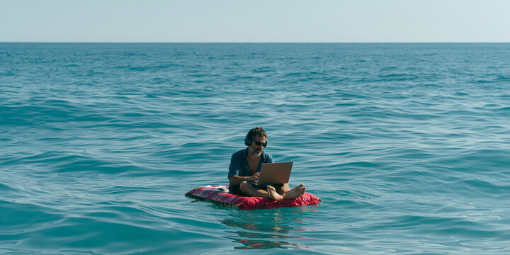 A man working on a laptop while floating on a raft in the middle of the ocean, enjoying the tranquil blue water and clear sky.