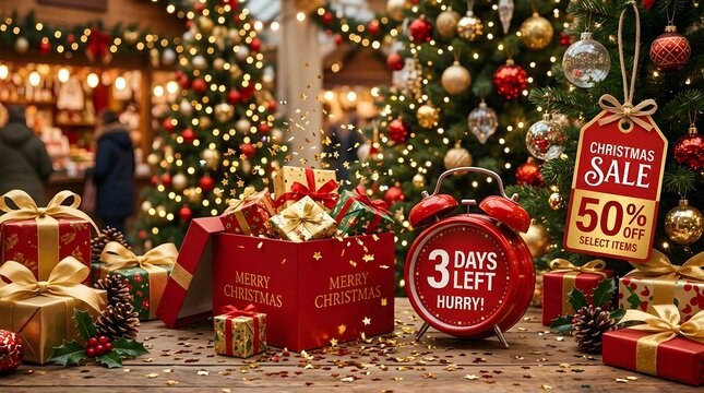 Red christmas sale countdown clock and gift boxes surrounded by decorated trees with holiday shoppi
