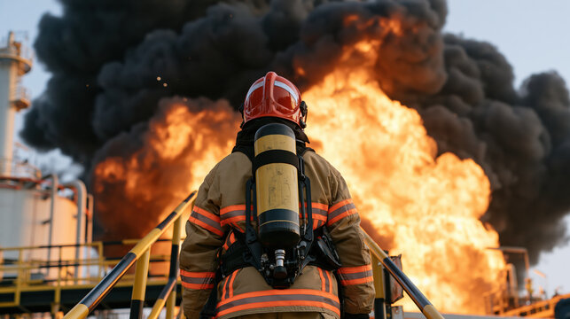 Firefighter in protective gear monitoring industrial blaze with breathing tank, intense flame, and dark smoke