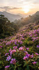 Obraz premium Purple Wildflowers Blooming on Misty Mountain Slope at Golden Hour Sunrise