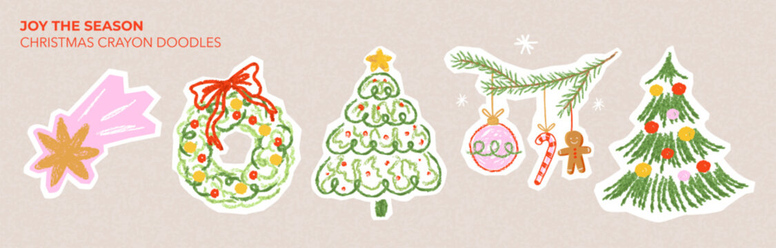 Christmas Sticker set featuring cozy hand-drawn crayon doodles of a Christmas tree, wreath, shooting star, hanging ornaments, fir branch, candy cane and gingerbread cookie. Cute festive illustrations