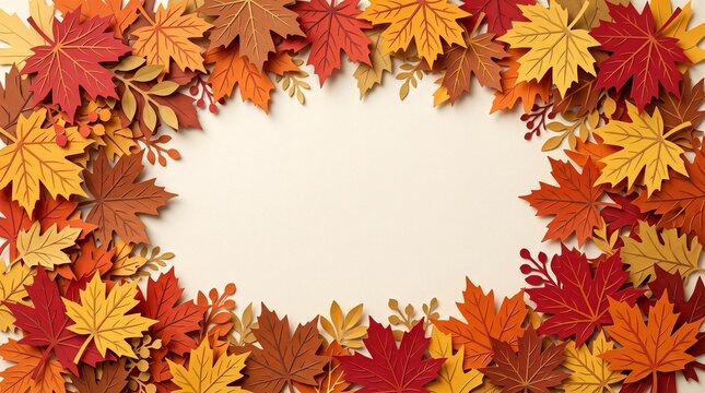 Colorful autumn maple leaves border frame with fall foliage season plants arranged in a circle for seasonal greeting cards and decorative thanksgiving holiday invitations