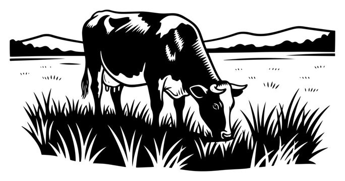Cow grazing in meadow rural landscape, farm animal woodcut engraving style vector illustration
