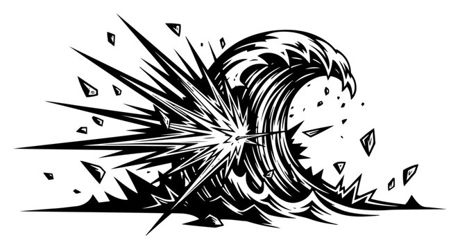 Ocean wave with powerful impact or explosion, sea water blast in woodcut engraving style vector illustration