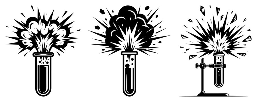 Test tube chemical explosion set, laboratory science experiment failure in woodcut engraving style vector illustration