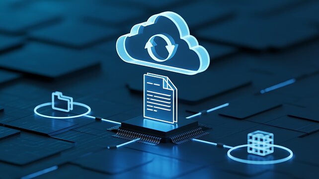 Cloud computing technology for data storage and synchronization with neon digital icons on dark background