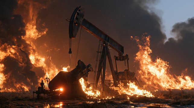 Oil extraction pump surrounded by fast moving wildfire and intense flame, highlighting energy crisis and environmental danger