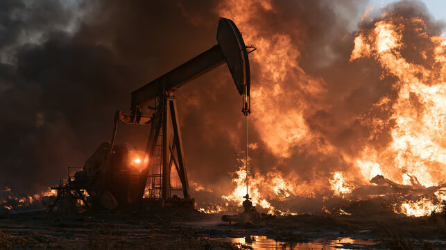 Oil extraction pump amid wildfire and heavy smoke, creating dramatic industrial environmental scene at night