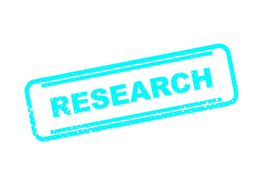 Bright turquoise research stamp with bold uppercase text illustration