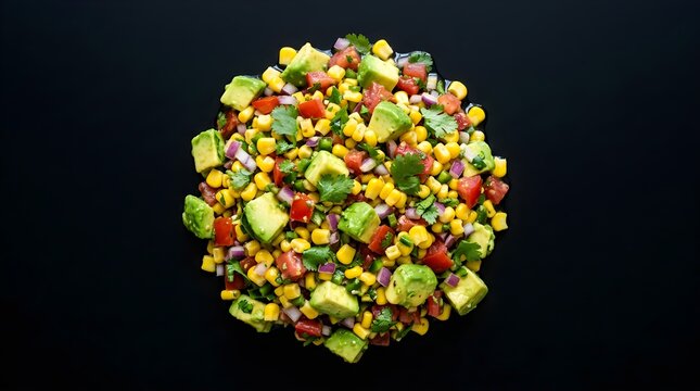 Fresh corn and avocado salsa salad on a dark background