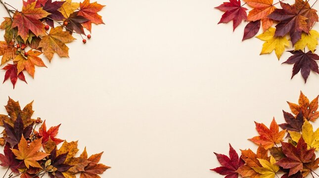 Colorful autumn maple leaves border arranged in four corners with bright red orange yellow and brown foliage for seasonal fall celebration design projects and invitations