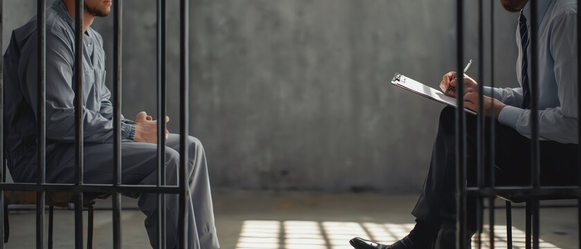 Interrogation scene in a prison setting.