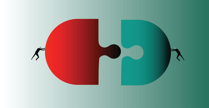 Businessmen connecting capsule puzzle pieces EPS with red and teal halves, strategic cooperation graphic for partnership merger concept