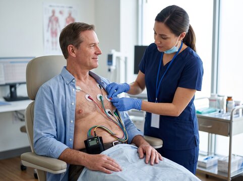Holter ECG Monitoring Preparation with Electrodes Attached to Bare Chest for Ambulatory Cardiac Care