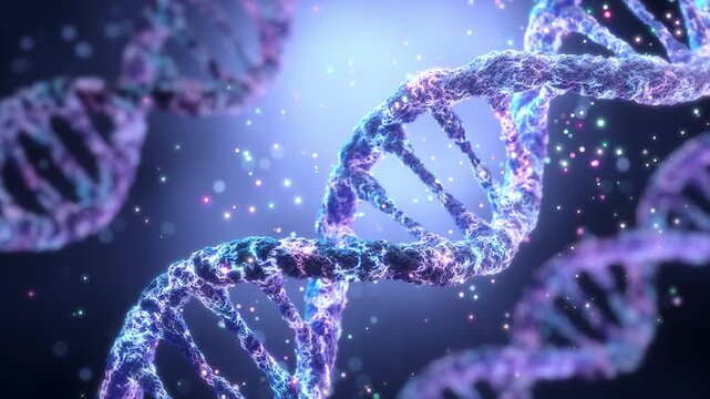 3D render animation of a glowing DNA double helix structure.