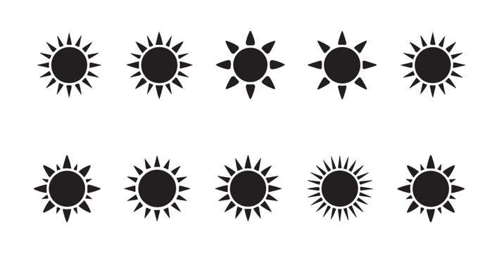 Minimalist black sun icon set on transparent background for weather forecasting mobile app interface design.